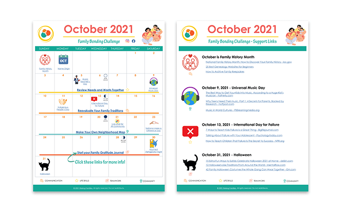 October FBC calendar email image OCtober family bonding Challenge calendar